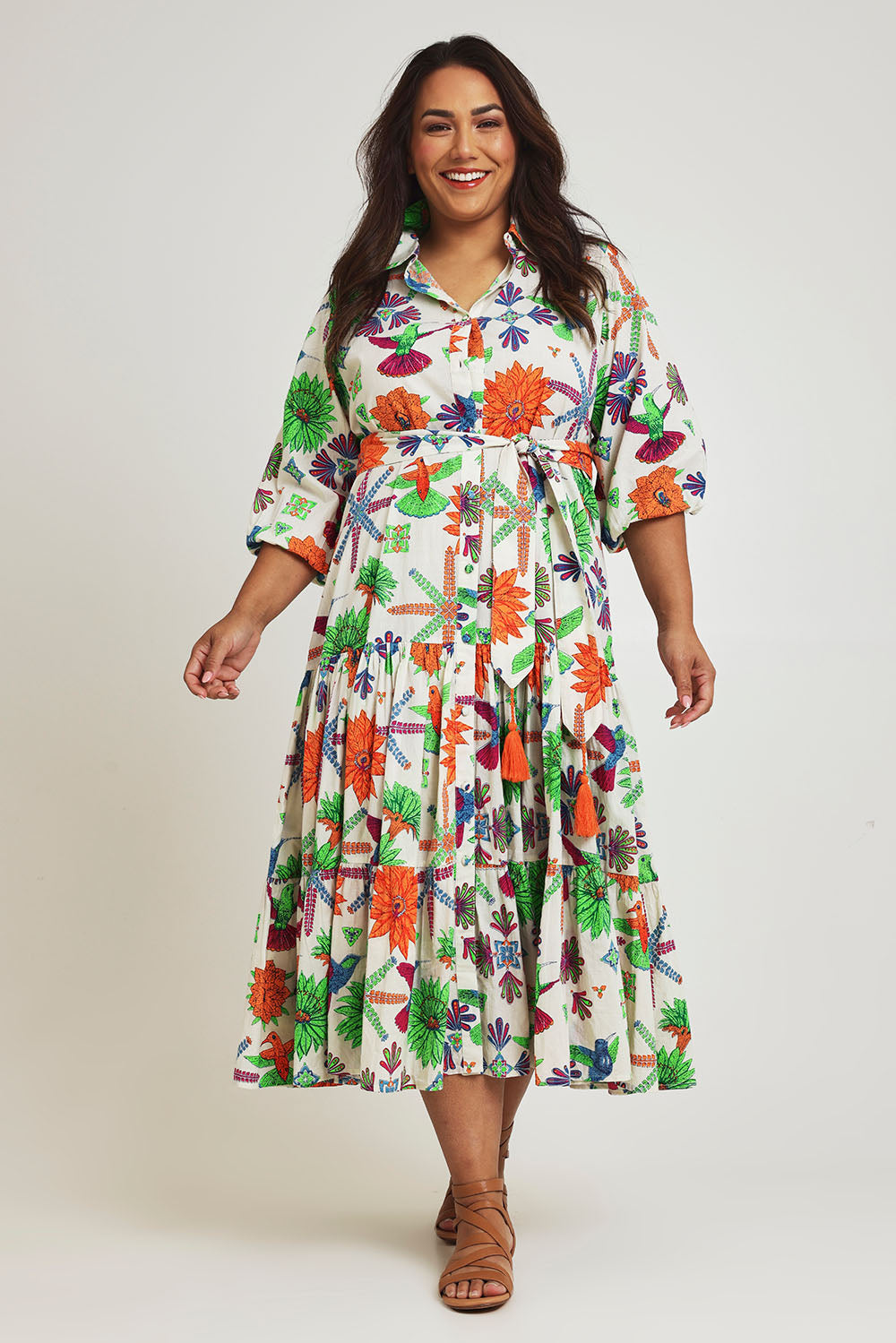 Model Ashleigh wearing size 16 of the Happy Gatherings Short Sleeved Cotton Dress in colour Brightbird, from the front, showing the whole outfit