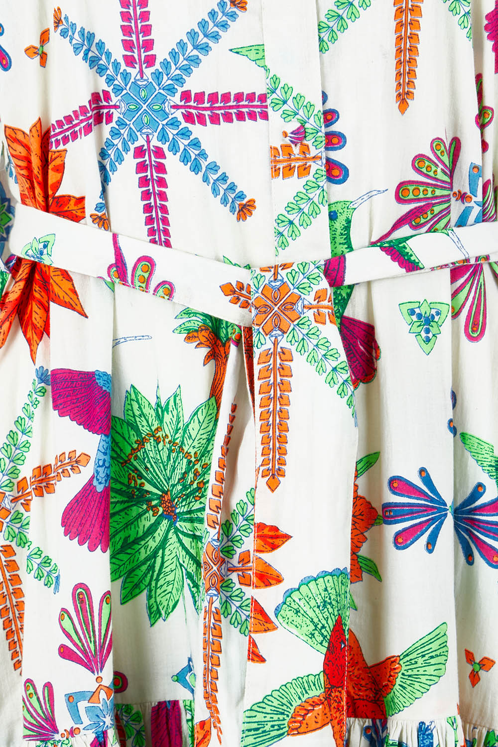 Product shot of the Happy Gatherings Short Sleeved Cotton Dress in colour Brightbird, detail