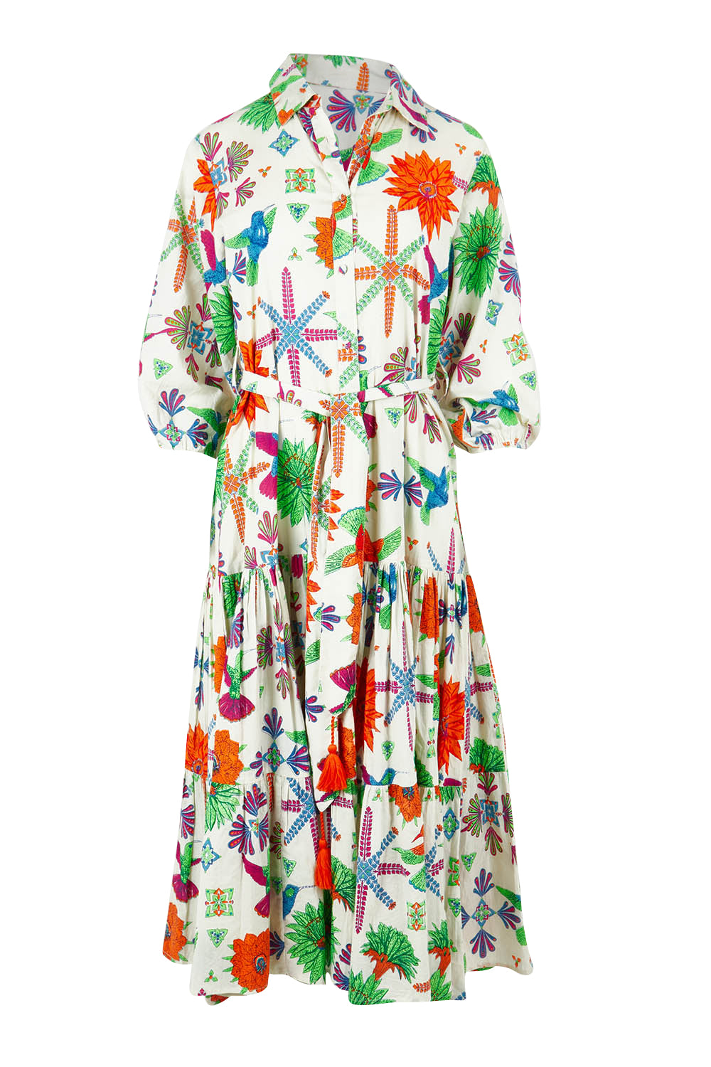 Product shot of the Happy Gatherings Short Sleeved Cotton Dress in colour Brightbird, from the front