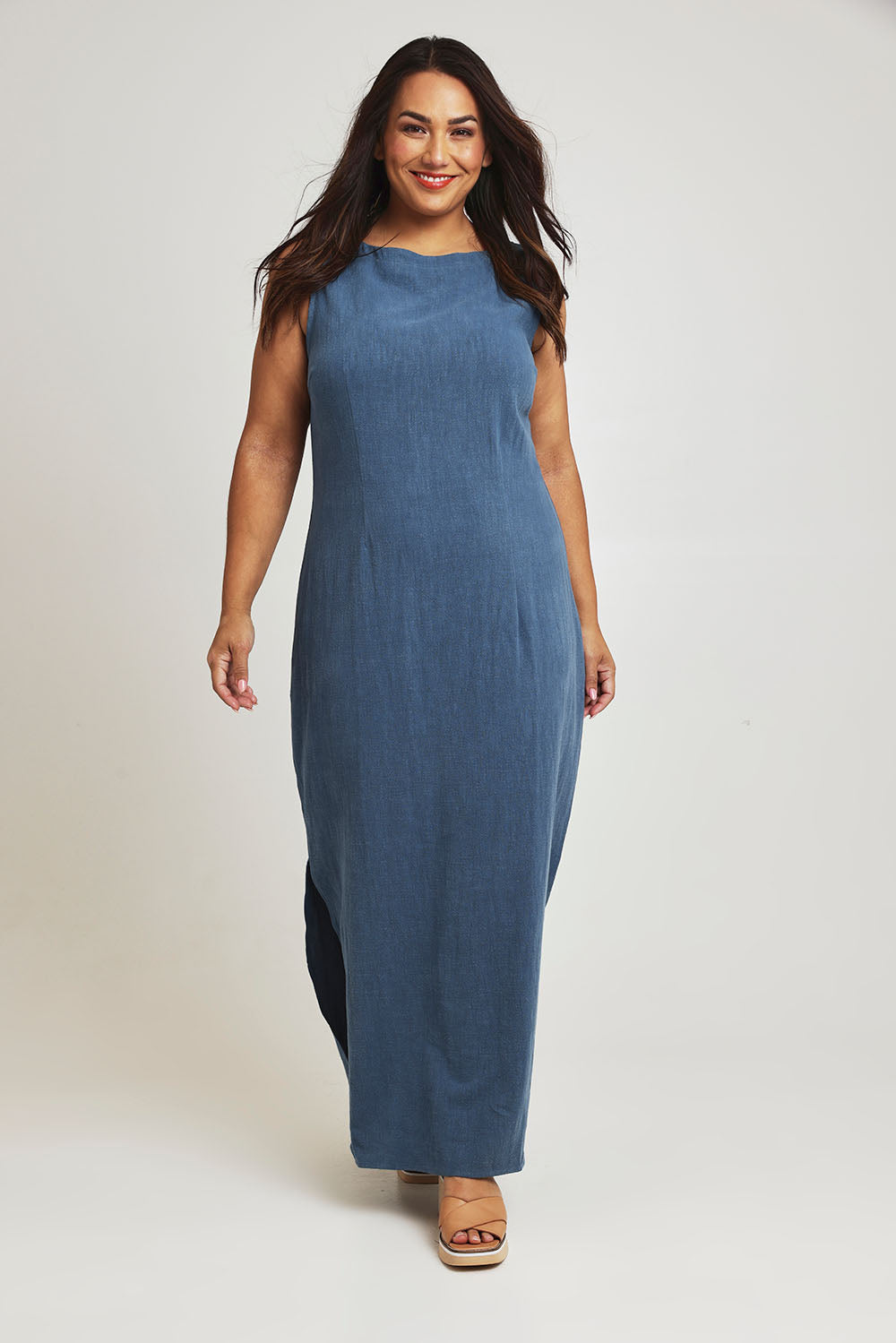 Model Ashleigh wearing size 16 of the Forever In Style Shift Dress in colour Denimblue (Blue), from the front, showing the whole outfit