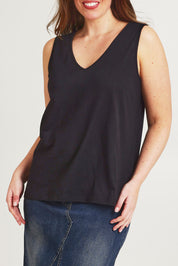 Model Jane wearing size 14 of the Need You Double Vee Tank in colour Black (Black), from the front, cropped image