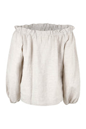 Product shot of the Shoulder Shimmy Linen Blouse in colour Natural, from the back