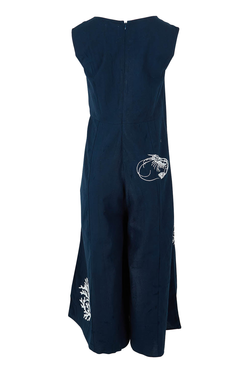 Product shot of the By The Seaside Embroidered Cotton Jumpsuit in colour Navy (Blue), from the back