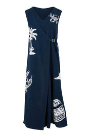 Product shot of the By The Seaside Embroidered Cotton Jumpsuit in colour Navy (Blue), from the front
