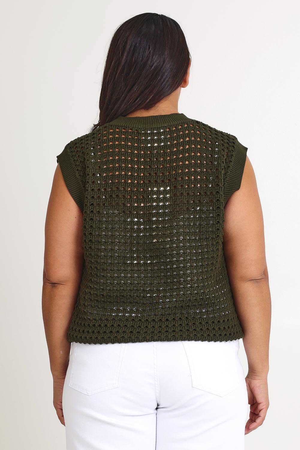 Model Ashleigh wearing size XL of the Love Language Cotton Vest in colour Forest (Green), from the back