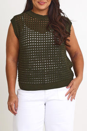 Model Ashleigh wearing size XL of the Love Language Cotton Vest in colour Forest (Green), from the front, cropped image