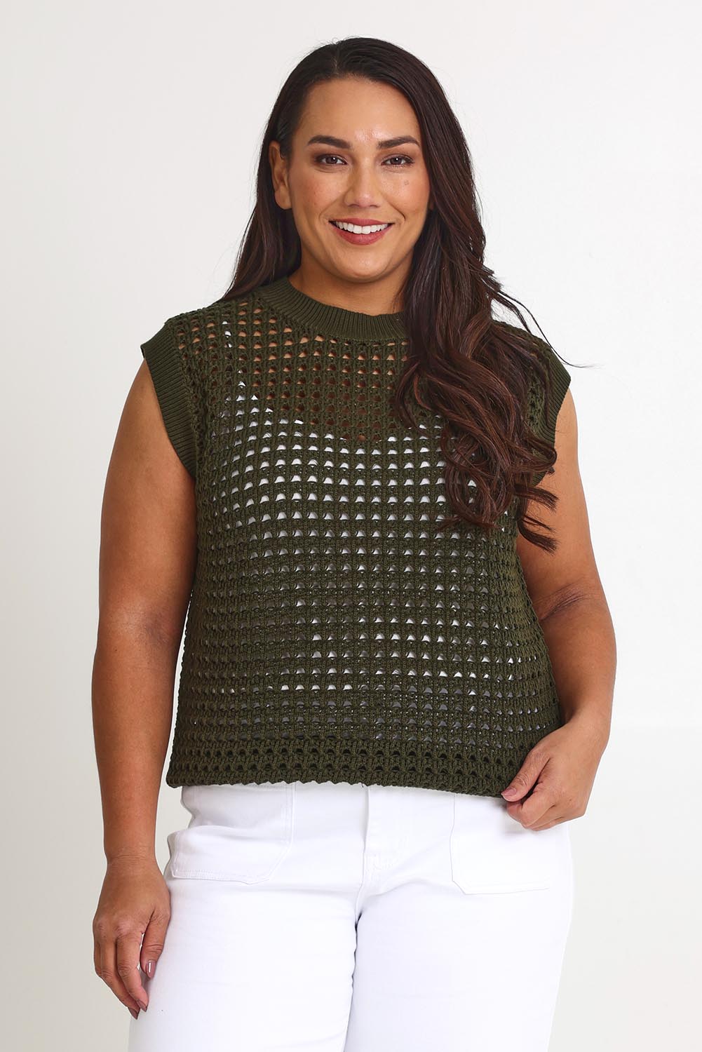 Model Ashleigh wearing size XL of the Love Language Cotton Vest in colour Forest (Green), from the front, cropped image