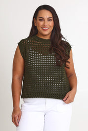 Model Ashleigh wearing size XL of the Love Language Cotton Vest in colour Forest (Green), from the front, cropped image