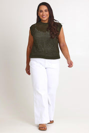 Model Ashleigh wearing size XL of the Love Language Cotton Vest in colour Forest (Green), from the front, showing the whole outfit