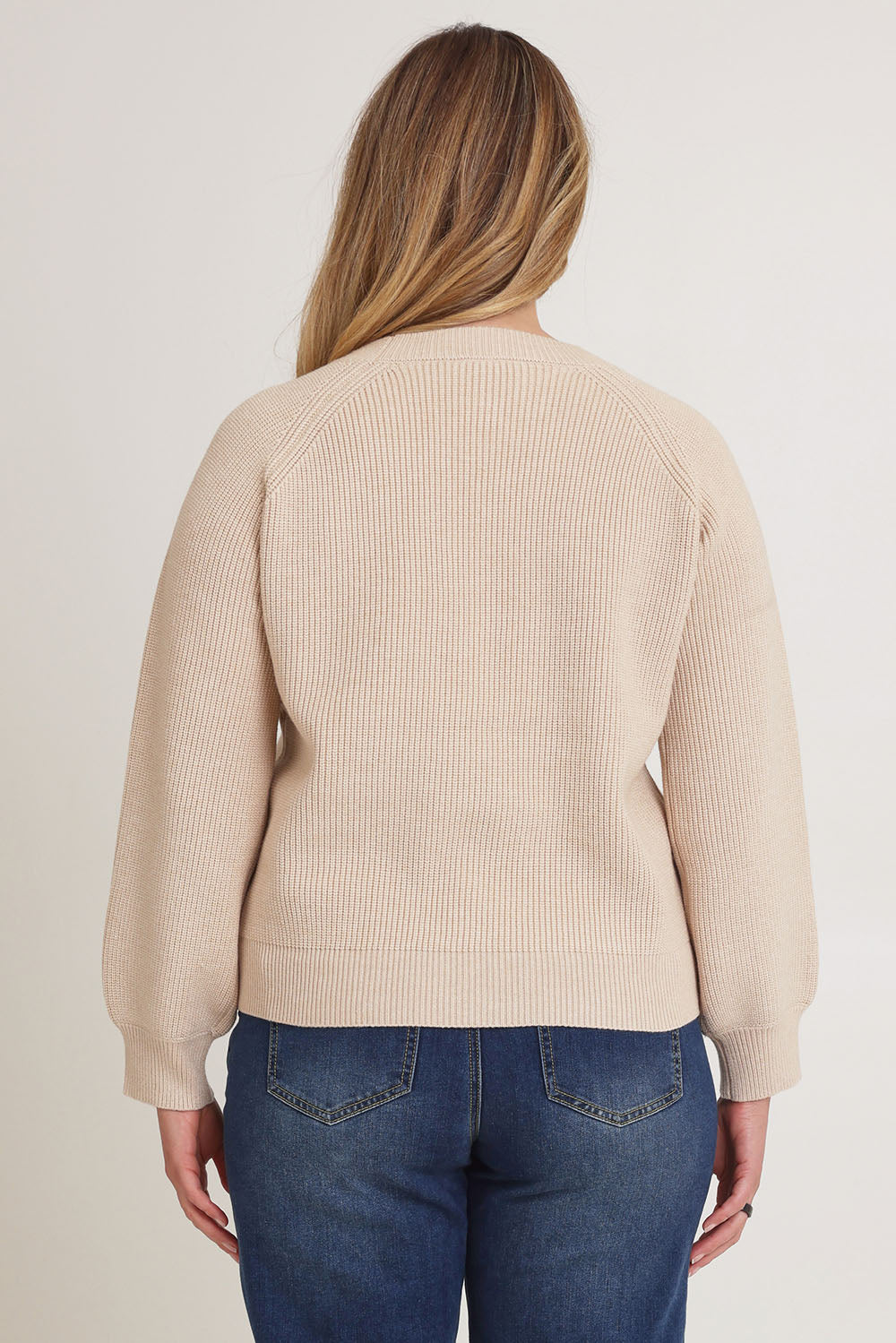 Model Chanel wearing size XL of the Always My Go To Jumper in colour Sand, from the back