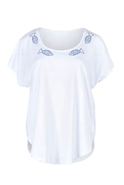 Product shot of the Little Details Embroidered Tee in colour Whitefish (White), from the front