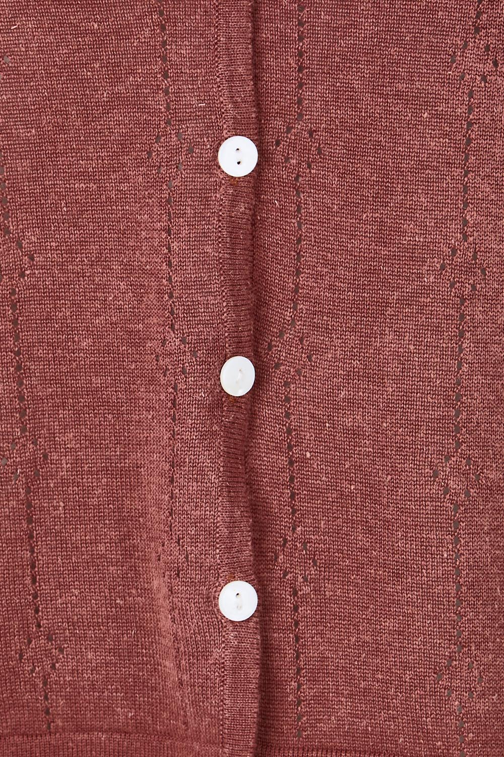 Product shot of the Pretty In Pointelle Linen Blend Cardi – Cinnamon in colour Cinnamon, showing detail