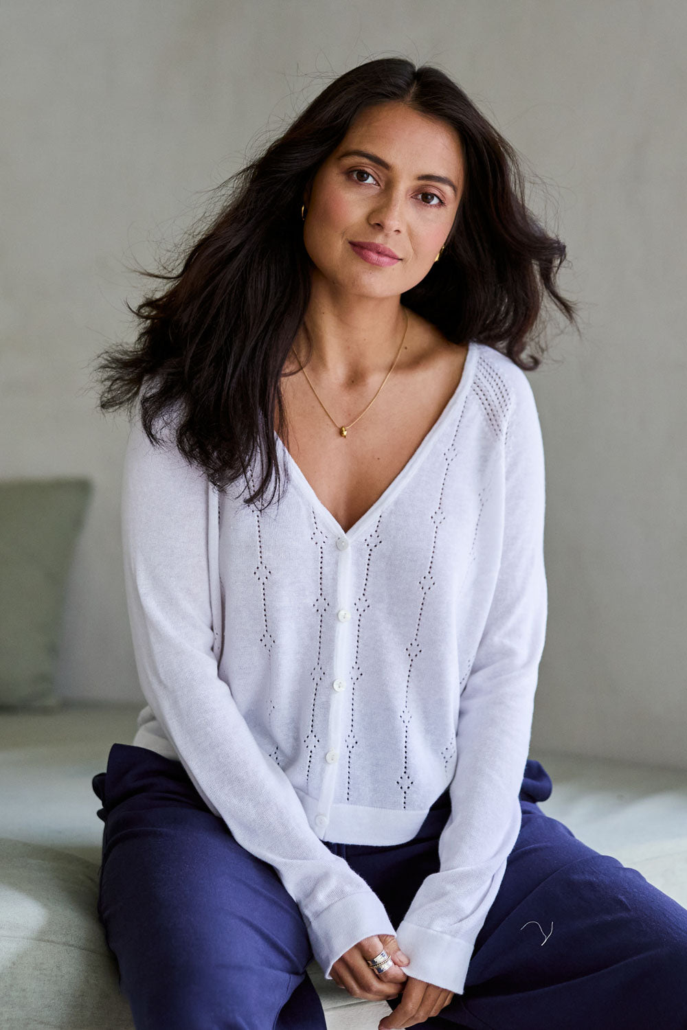 Model Tahnee wearing size S of the Pretty In Pointelle Linen Blend Cardi in colour Milk (White), from the front, showing the whole outfit