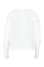 Product shot of the Pretty In Pointelle Linen Blend Cardi in colour Milk (White), from the back