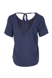 Product shot of the Saturday Night Low Back Tee in colour Marledenim (Blue), from the back