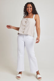 Model Terri-Leigh wearing size 14 of the Striding Out Button Through Tank Vest in colour Moet, from the front, showing the whole outfit