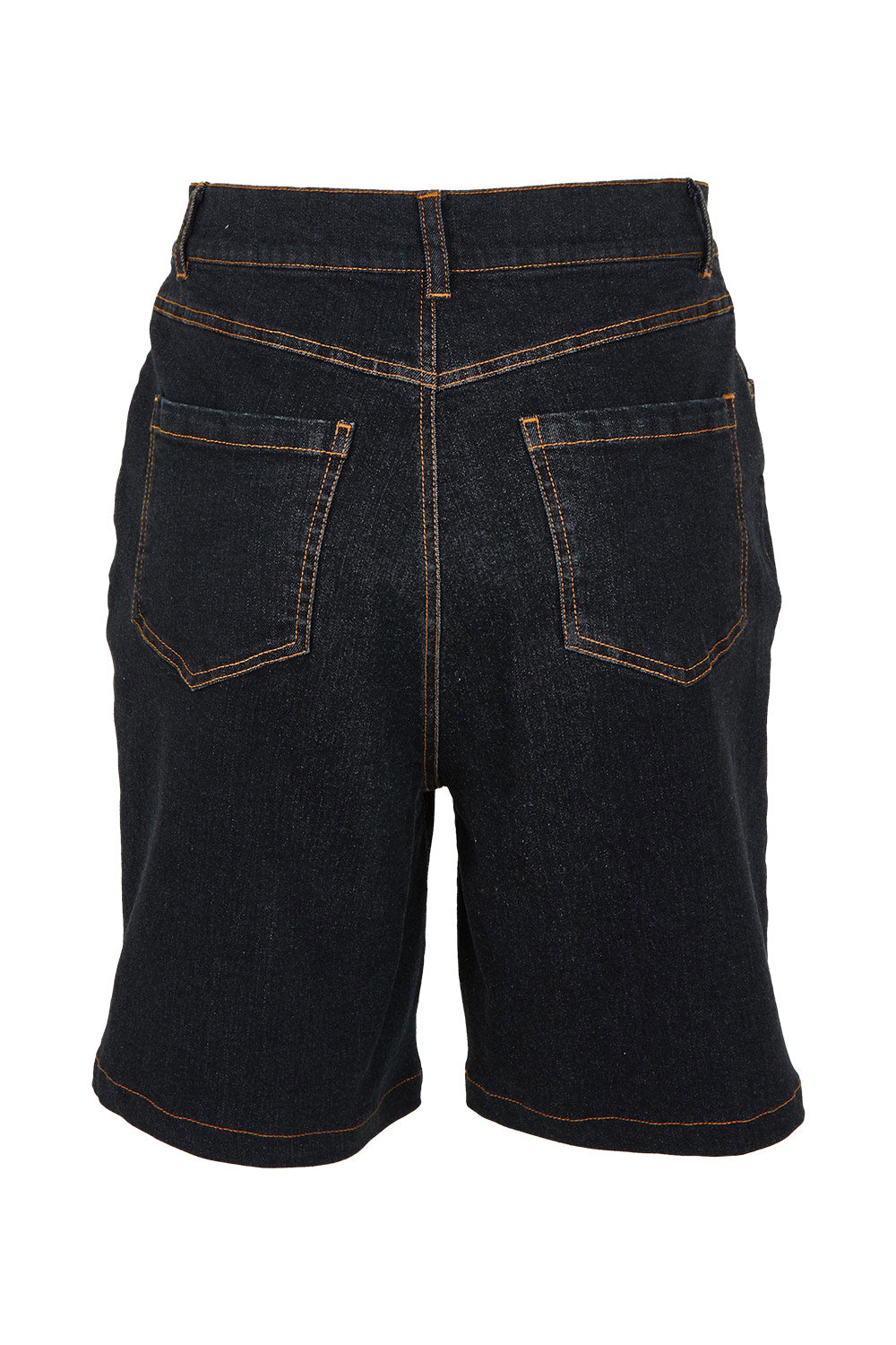 Product shot of the Daily Dose Longline Denim Shorts in colour Black (Black), from the back