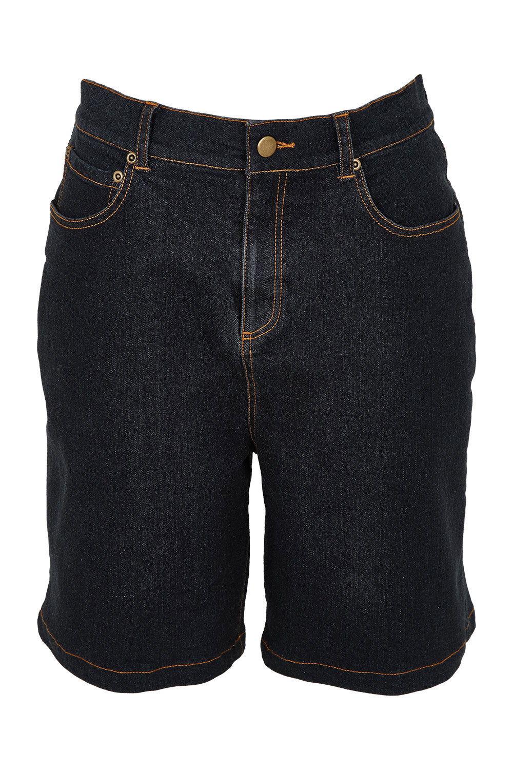 Product shot of the Daily Dose Longline Denim Shorts in colour Black (Black), from the front