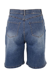Product shot of the Daily Dose Longline Denim Shorts in colour Denim (Blue), from the back