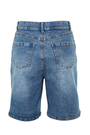 Product shot of the Daily Dose Longline Denim Shorts in colour Denim (Blue), from the back