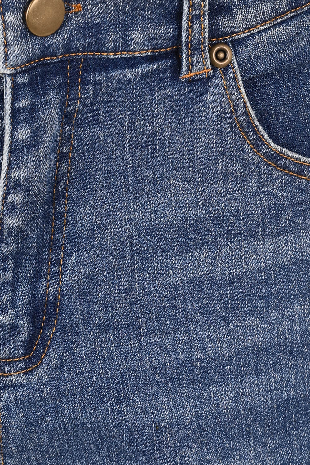 Product shot of the Daily Dose Longline Denim Shorts in colour Denim (Blue), detail