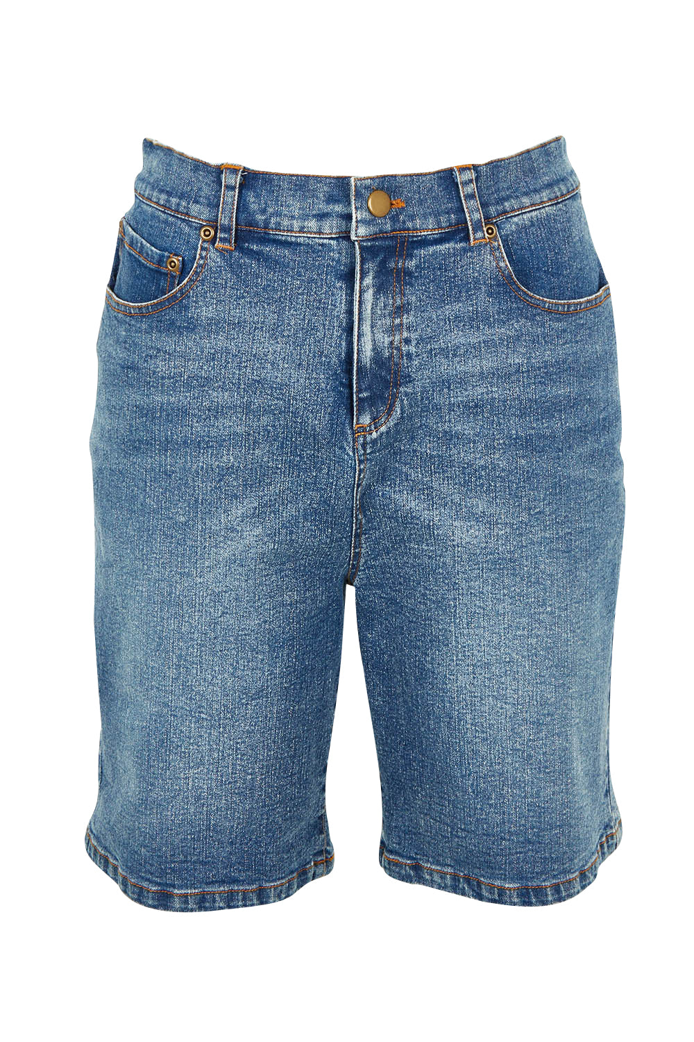 Product shot of the Daily Dose Longline Denim Shorts in colour Denim (Blue), from the front