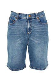 Product shot of the Daily Dose Longline Denim Shorts in colour Denim (Blue), from the front