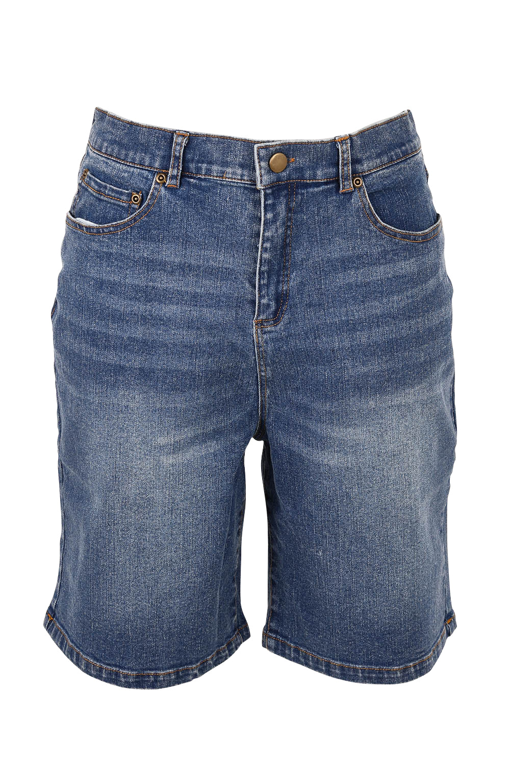 Product shot of the Daily Dose Longline Denim Shorts in colour Denim (Blue), from the front