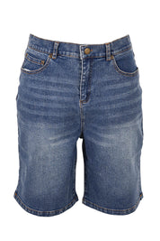 Product shot of the Daily Dose Longline Denim Shorts in colour Denim (Blue), from the front