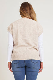 Model Chanel wearing size XL of the Found My Friend Recycled Knit Top in colour Sand, from the back