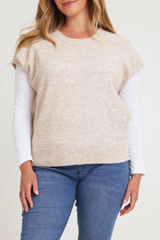 Model Chanel wearing size XL of the Found My Friend Recycled Knit Top in colour Sand, from the front, cropped image