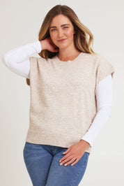 Model Chanel wearing size XL of the Found My Friend Recycled Knit Top in colour Sand, from the front, cropped image