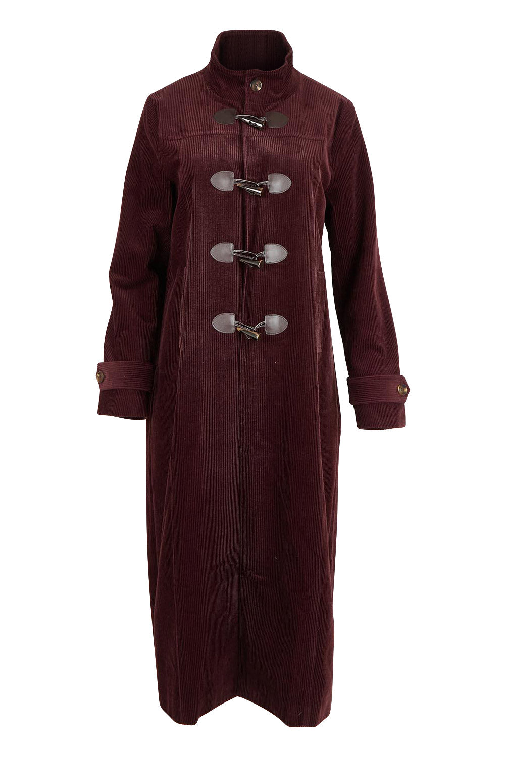 Product shot of the Winter Walk Longline Cord Duffle Coat in colour Aubergine (Purple), from the front