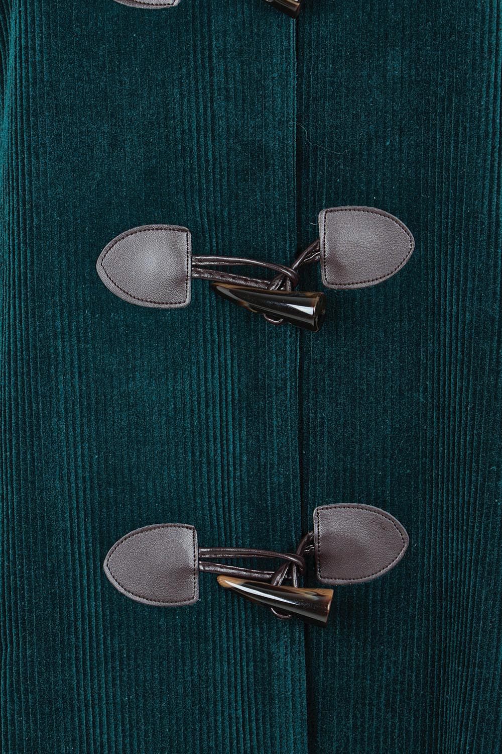 Product shot of the Winter Walk Longline Cord Duffle Coat in colour Jade (Green), detail