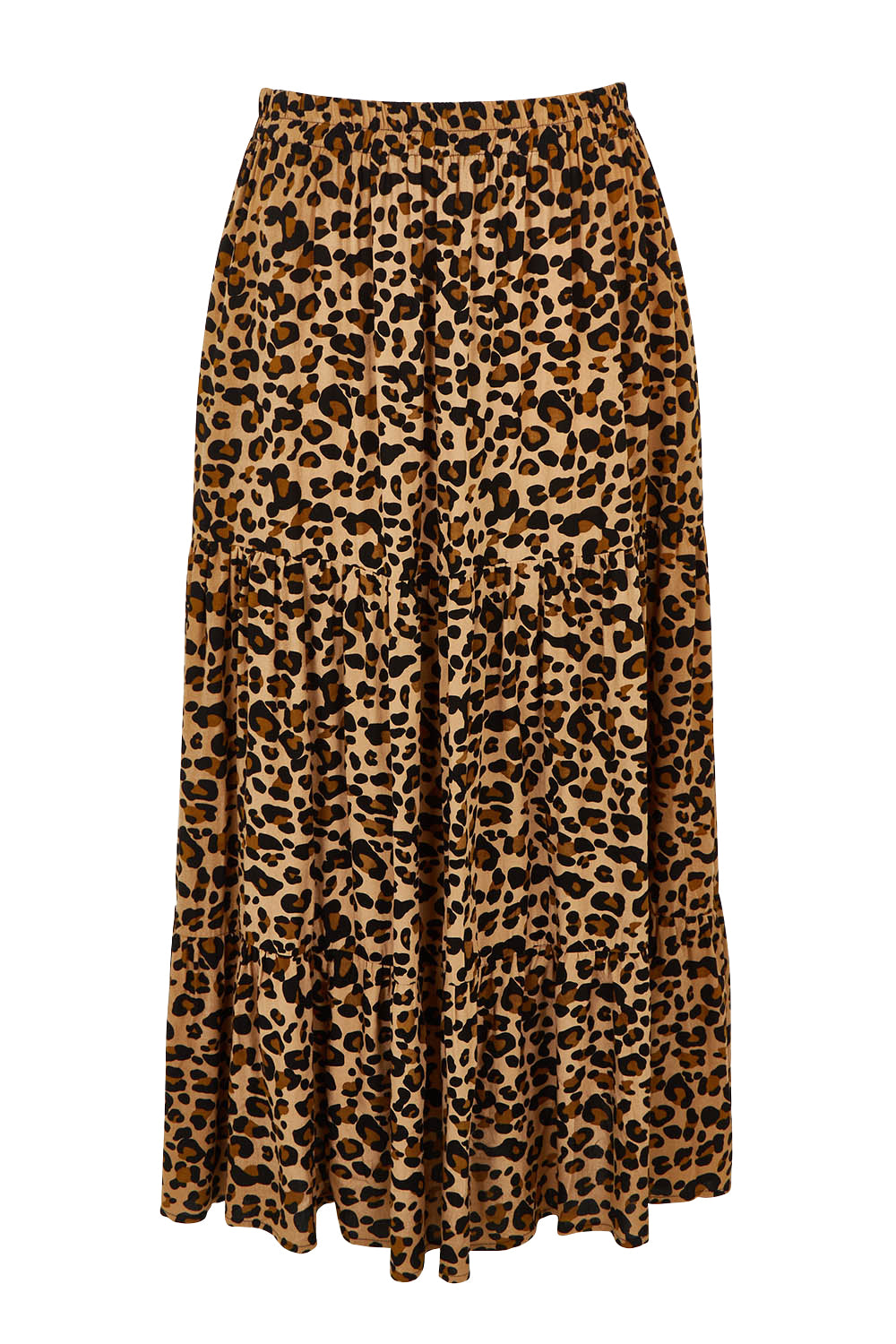 Product shot of the A Delightful Day Tiered Skirt in colour Leopard (Black), from the front