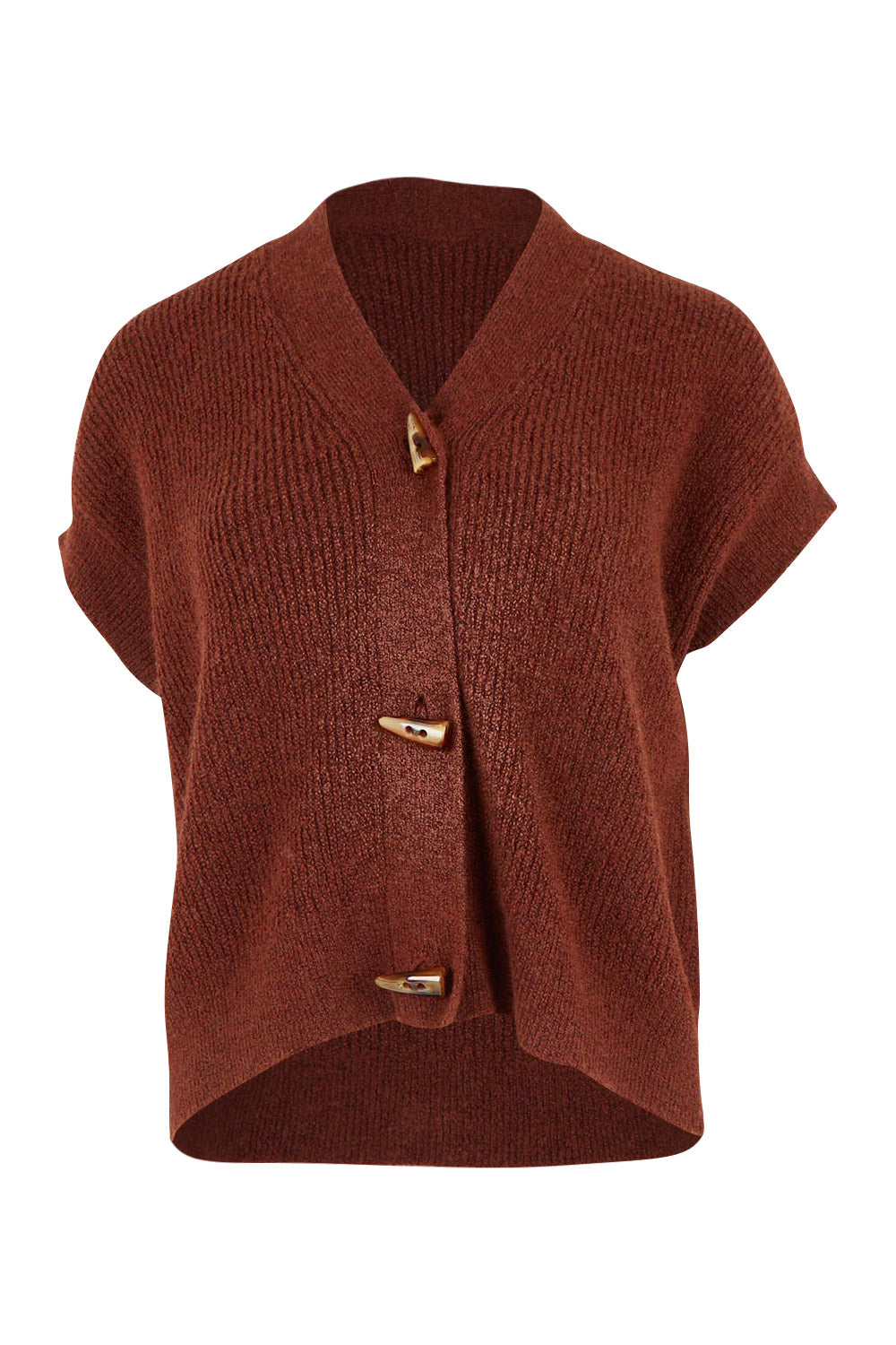 Product shot of the Found My Friend Recycled Knit Sleeveless Cardi in colour Copper, from the front