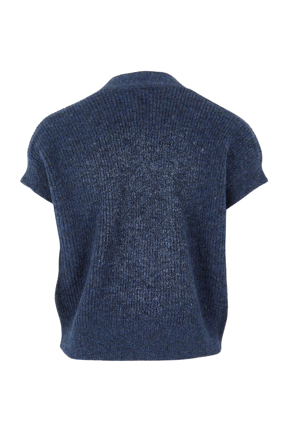 Product shot of the Found My Friend Recycled Knit Sleeveless Cardi in colour Denim (Blue), from the back