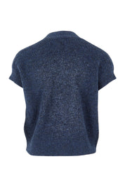Product shot of the Found My Friend Recycled Knit Sleeveless Cardi in colour Denim (Blue), from the back