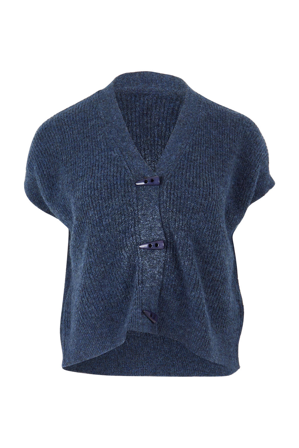 Product shot of the Found My Friend Recycled Knit Sleeveless Cardi in colour Denim (Blue), from the front