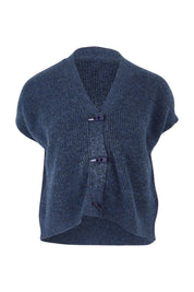 Product shot of the Found My Friend Recycled Knit Sleeveless Cardi in colour Denim (Blue), from the front