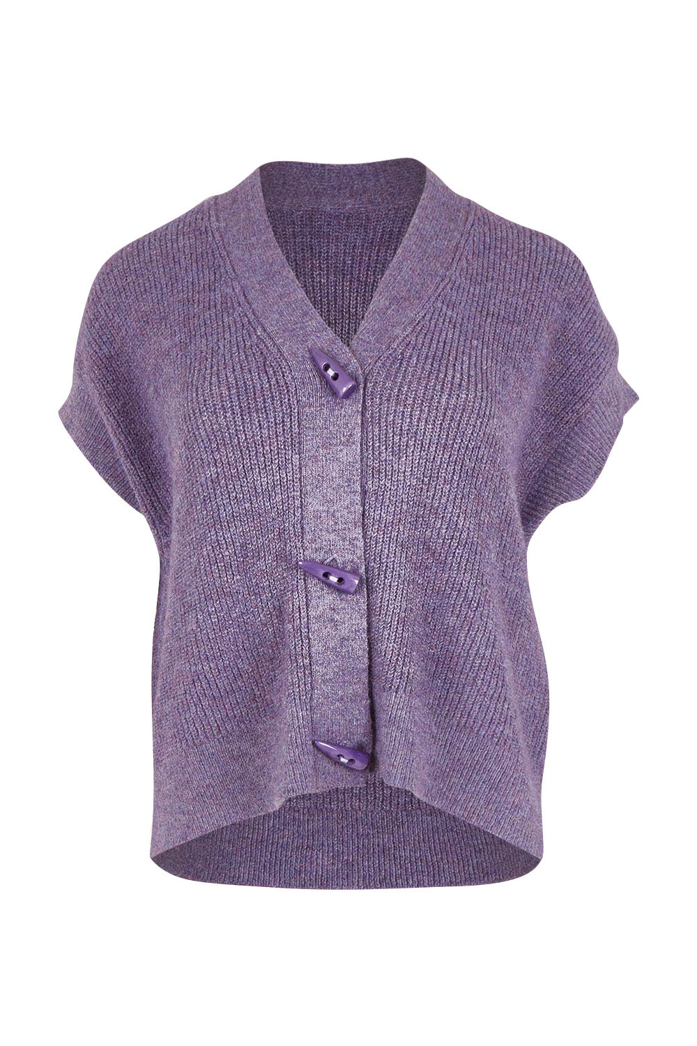 Product shot of the Found My Friend Recycled Knit Sleeveless Cardi in colour Lavender (Purple), from the front