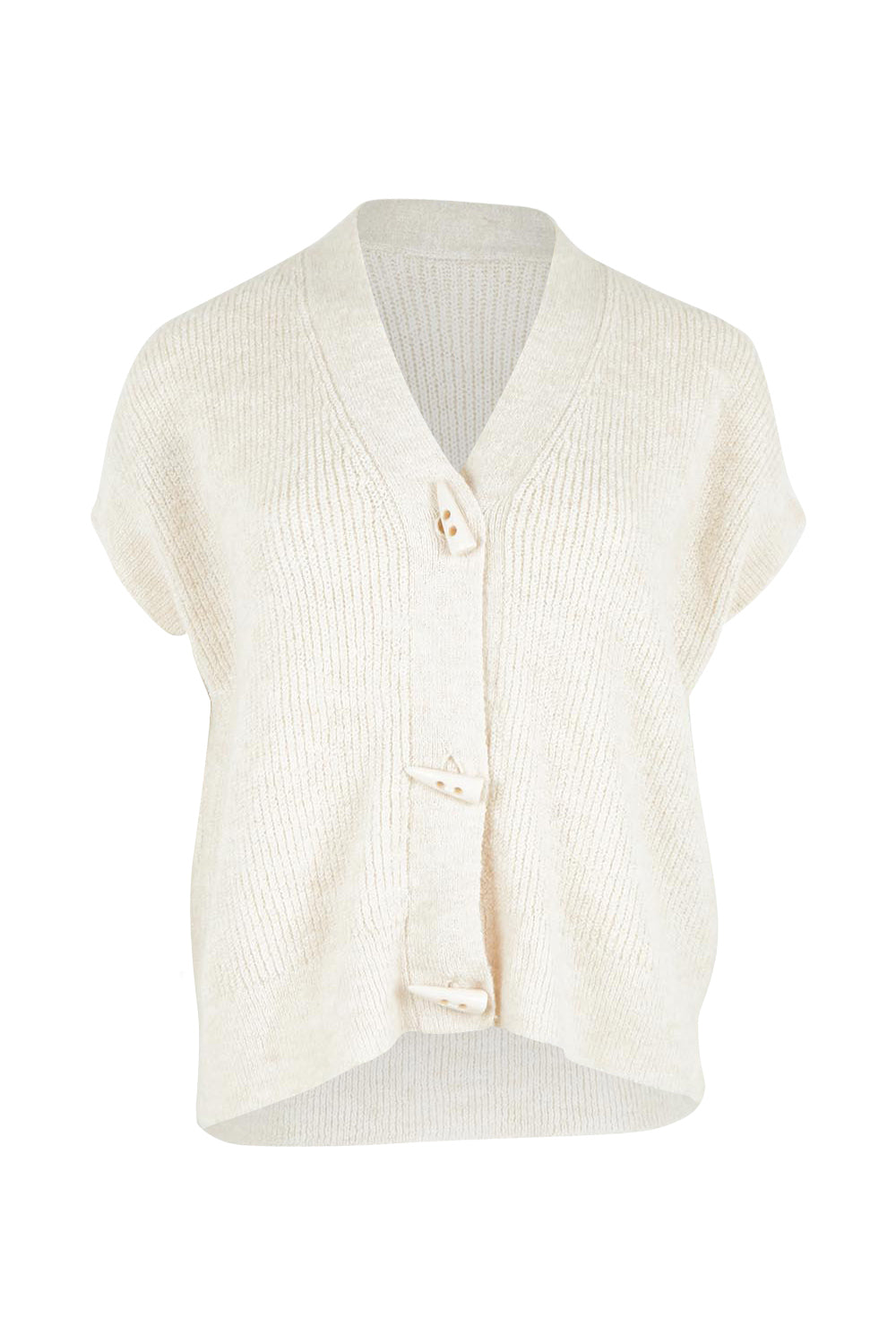 Product shot of the Found My Friend Recycled Knit Sleeveless Cardi in colour Milk (White), from the front