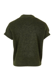 Product shot of the Found My Friend Recycled Knit Sleeveless Cardi in colour Pine (Green), from the back