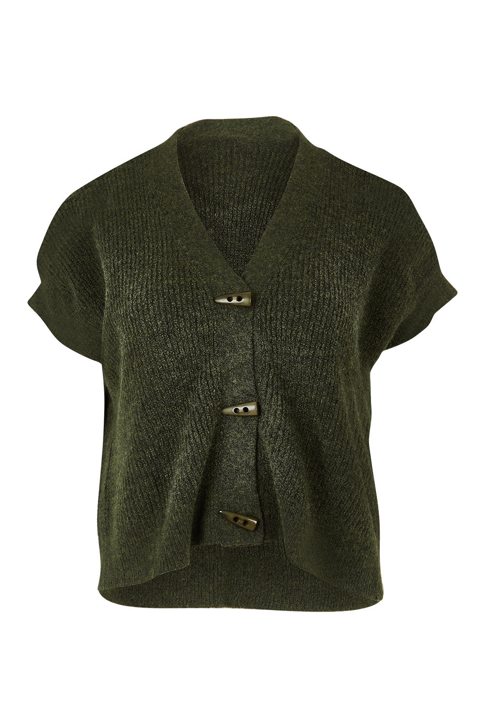 Product shot of the Found My Friend Recycled Knit Sleeveless Cardi in colour Pine (Green), from the front