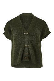 Product shot of the Found My Friend Recycled Knit Sleeveless Cardi in colour Pine (Green), from the front
