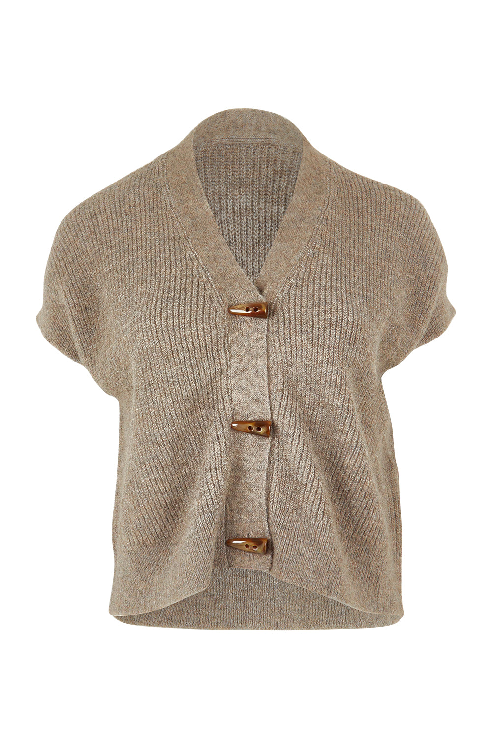 Product shot of the Found My Friend Recycled Knit Sleeveless Cardi in colour Wood, from the front