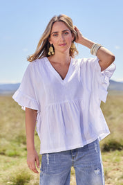 Model Tegan wearing size 10 of the Fun Times Cotton Flounce Top in colour White (White), from the front, showing the whole outfit
