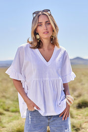 Model Tegan wearing size 10 of the Fun Times Cotton Flounce Top in colour White (White), from the front, showing the whole outfit