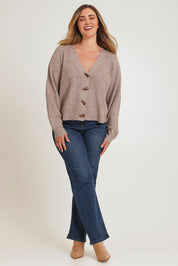 Model Chanel wearing size XL of the Found My Friend Recycled Knit Cardi in colour Earth, from the front, showing the whole outfit
