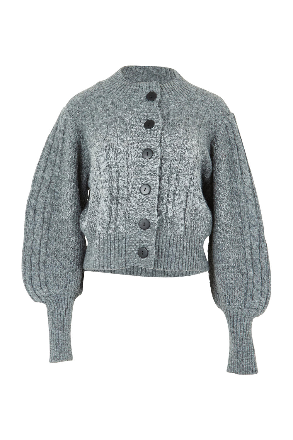 Product shot of the Level Up Cropped Cable Cardi in colour Smoke (Grey), from the front
